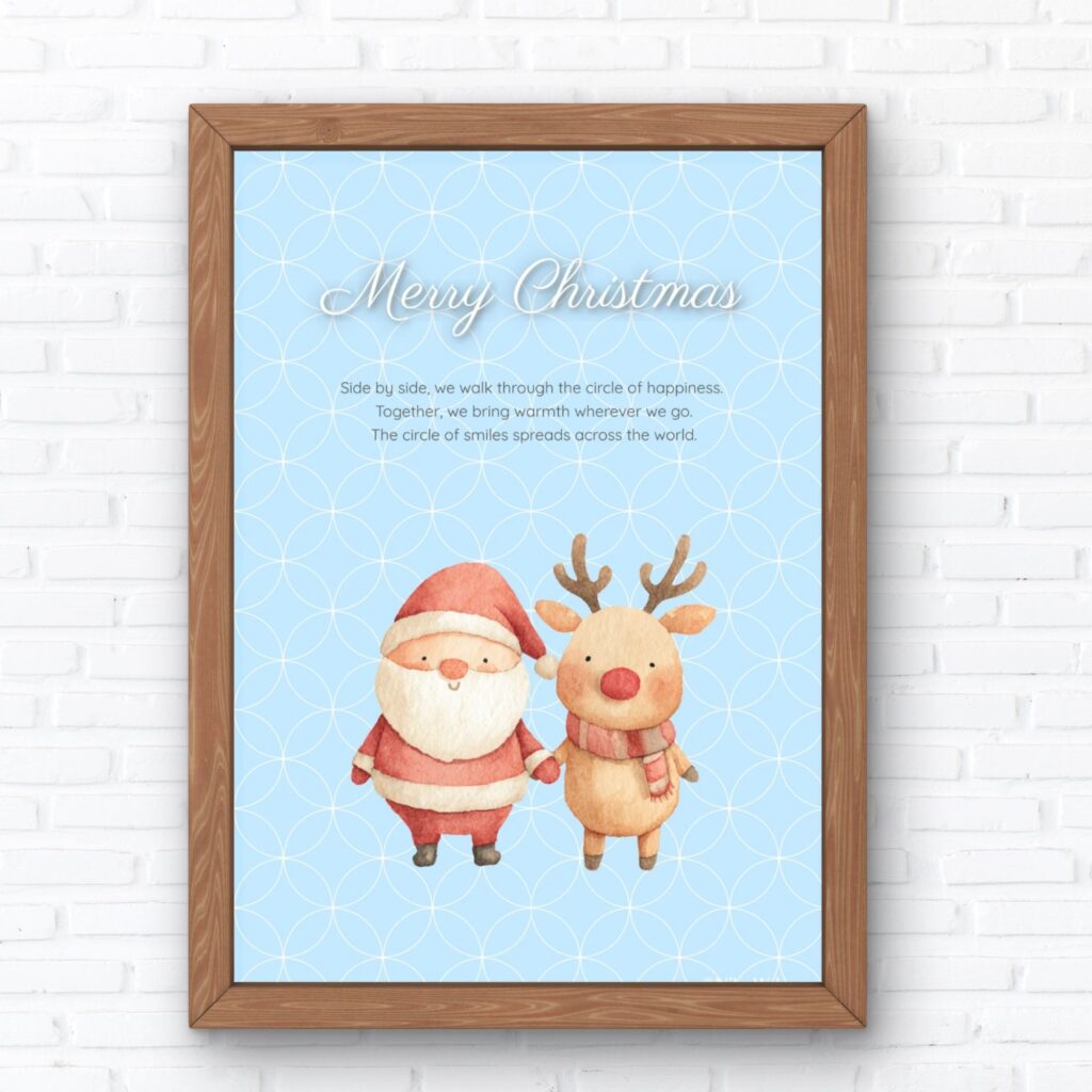 Japanese Shippo pattern Christmas art – watercolor Santa and red-nosed reindeer design by NikoWdays