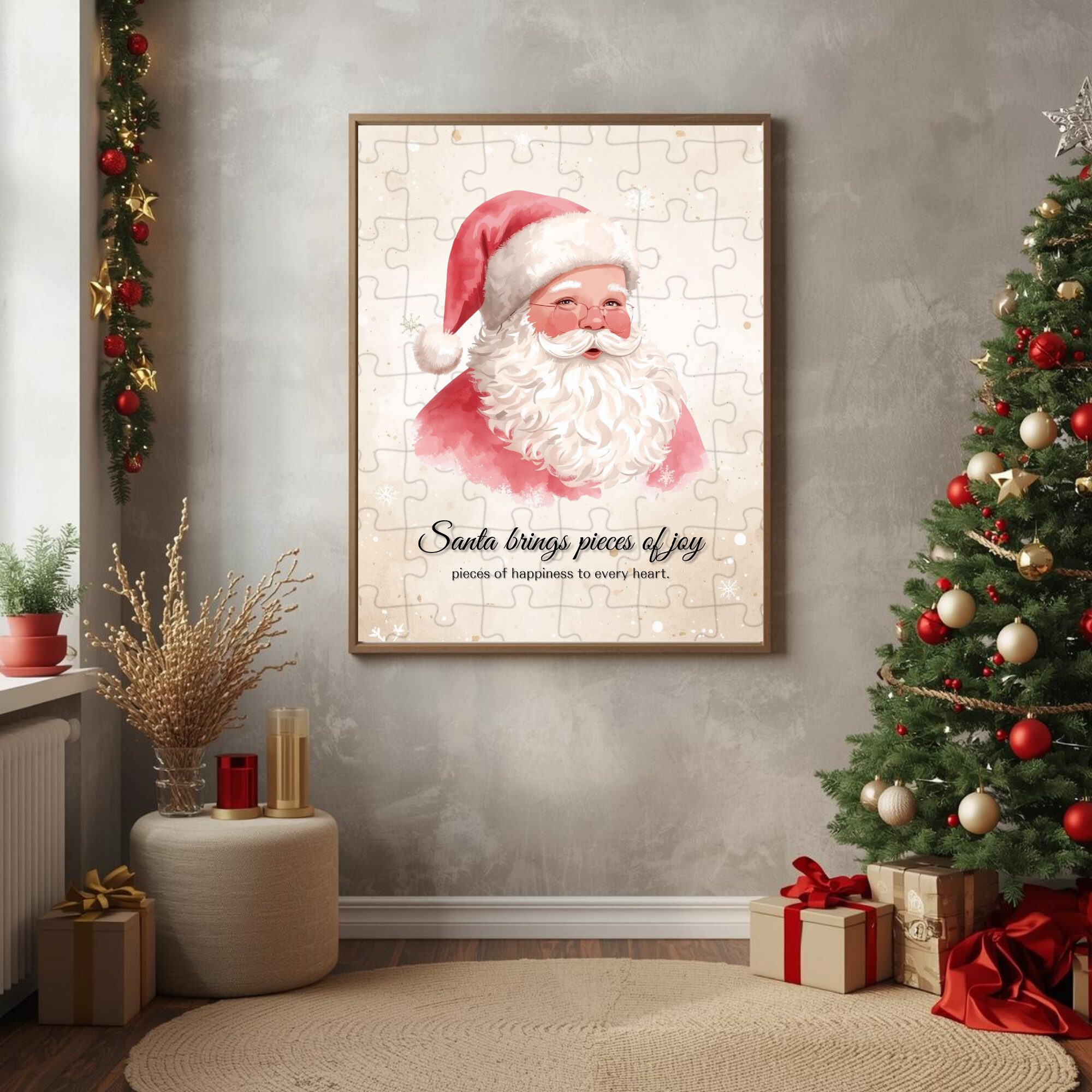 Santa watercolor puzzle poster on a cozy Christmas wall