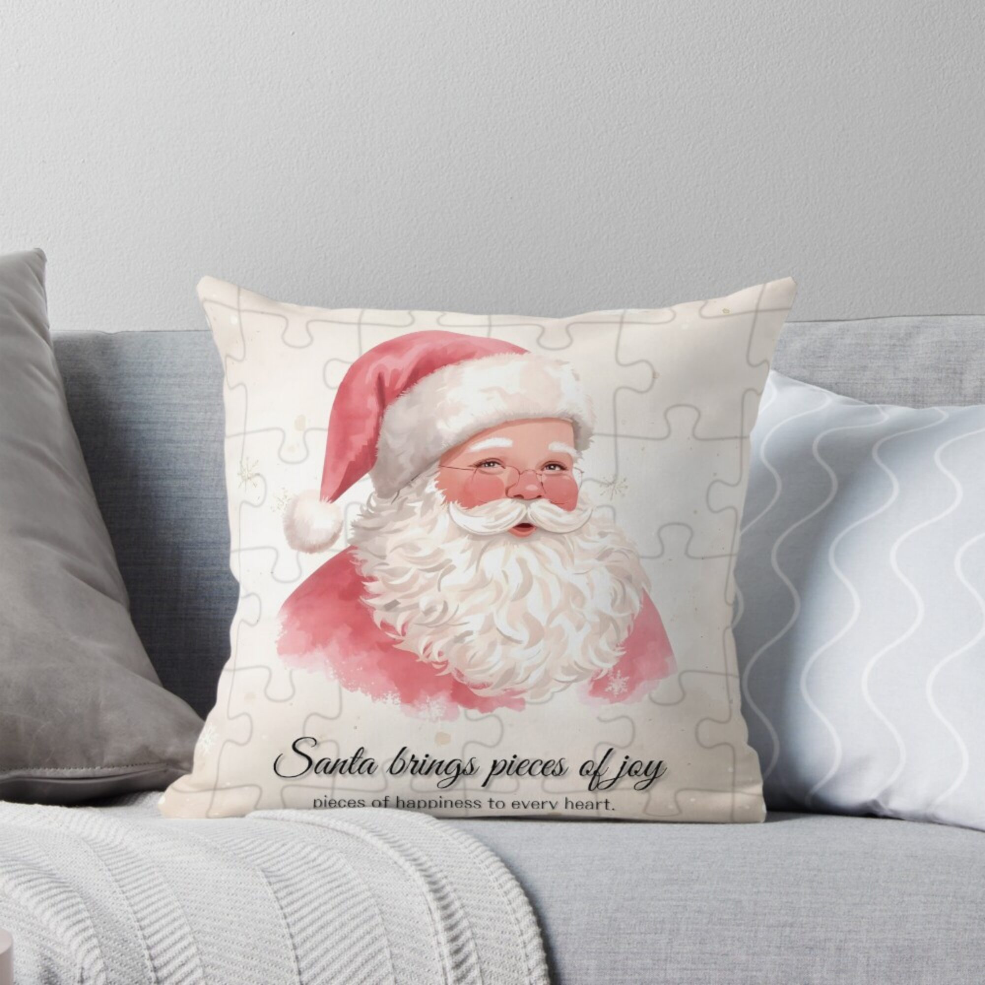 Santa puzzle design cushion on sofa
